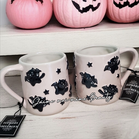 PINK PEARLESCENT HALLOWEEN BLACK KITTY BAG COFFEE MUGS - Picture 1 of 9